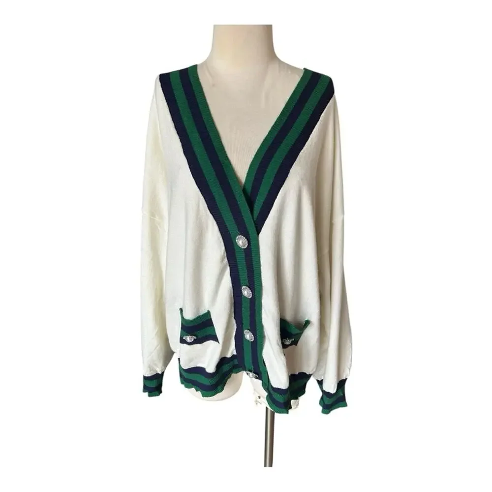 Alexia Admor Frances oversized cream striped cardigan Preppy Academia XL… - Picture 2 of 11